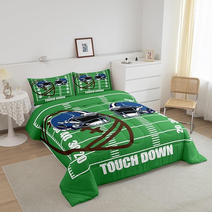 Feelyou Rugby Comforter Set Queen Size Football Comforter for Boys Girls Teens Soccer Ball Game Bedding Set Gift for Football Lover Duvet Set Room Decor Green Quilt Set