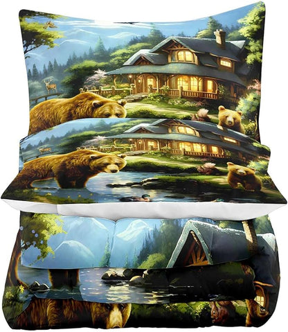 LUVIVIHOME 2PCS Cute Bear Comforter Set Twin Size, Mallard Duck Deer Squirrel Lake Woodland Forest Animal Wildlife Country Lodge Rustic Farmhouse Cabin Bedding Sets for Kids Boys Girls, 1 Pillow Sham