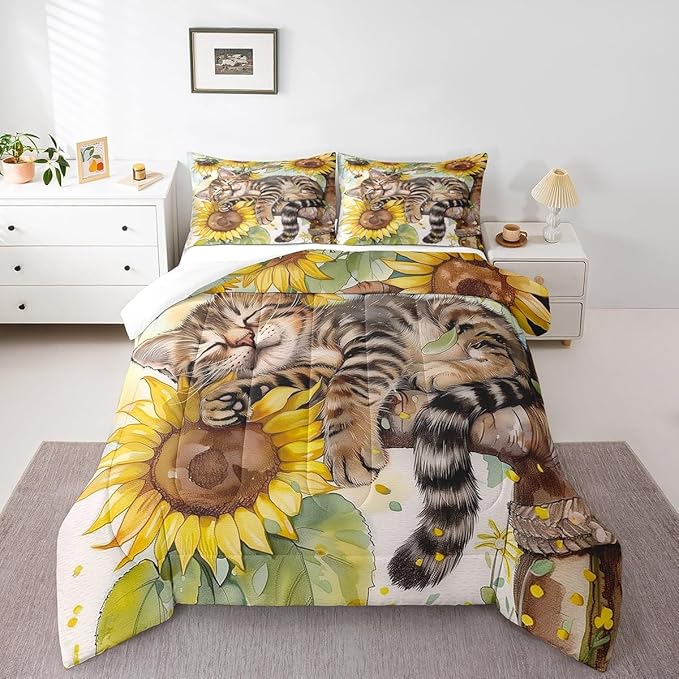 Erosebridal Kids Cute Cat Comforter Set Twin Rustic Sunflower Bedding Set for Boys Girls Farmhouse Flowers Cat Bedding Comforter Sets Retro Watercolor Blossom Floral Animal Bed Set Yellow Brown