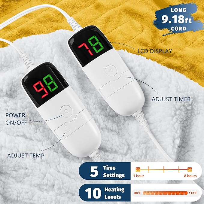 Heated Electric Blanket King Size - 90" x 100" Heating Blanket with Dual Control, 10 Heating Levels & 8 Hours Auto Off, Soft Warm Flannel Blanket, Christmas Birthday Gifts for Senior Grandma