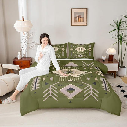 American Tribal Comforter Set Full Size Southwest Cowboy Style Bedding Set 3pcs Retro Green Microfiber Quilt Set for Kids Teens Boys Women Room Decor Geometric Arrow Duvet Insert,2 Pillowcases