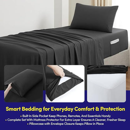 Twin XL Comforter Set College Dorm Bedding Bundle (Twin XL) – Dorm Upgrade with Comforter, Mattress Protector, Sheet Set & Pillow Sham — Stylish Quilted Stripe for Students & Shared Rooms, Black