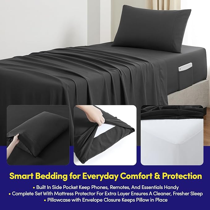 Twin Size Comforter Set Quilted Stripe Bedding Bundle – Stylish Set with Comforter, Mattress Protector, Sheet Set & Pillow Shams — Sophisticated Striped Design for Home & Guest Rooms, Black