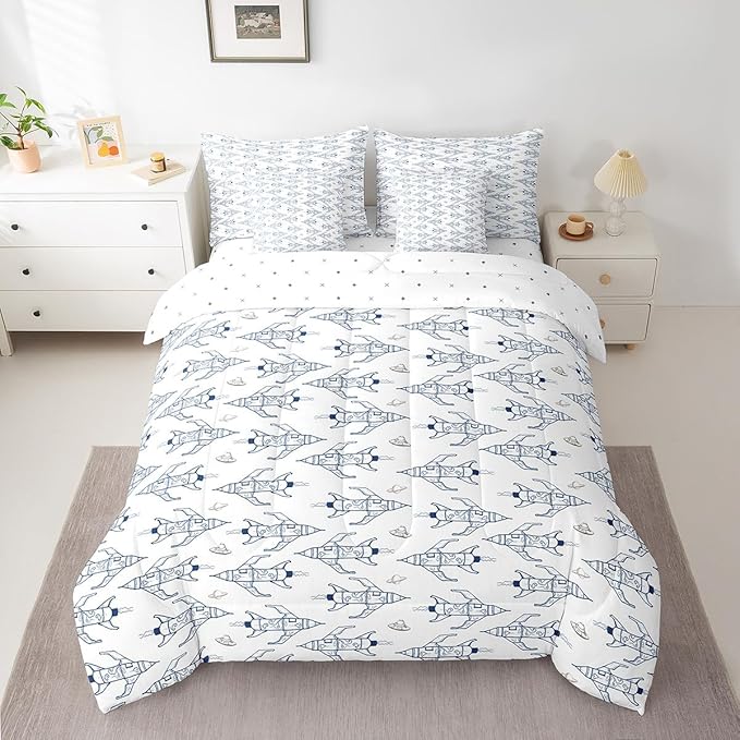 Feelyou Space Rocket Print Bed in a Bag Twin Universe Planets Comforter Set with Sheets for Kids Planet Space Ship Design 7 Piece Bedding Set Women Men Ultra Soft Breathable