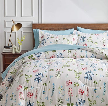 White Floral Comforter Sheet Set 7 Pieces Bed in a Bag Queen Size Green Blue Leaves with Red Flowers Reversible Bedding Set (1 Comforter 2 Pillow Shams 1 Flat Sheet 1 Fitted Sheet 2 Pillowcases)