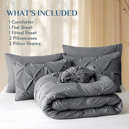 JOLLYVOGUE King Size Comforter Set 7 Pieces - Bed in a Bag King for All Season, Pintuck Bedding Comforter Sets with Comforter, Flat Sheet, Fitted Sheet and Pillowcases & Shams, Grey