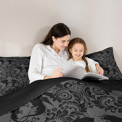 Feelyou Adults Gothic Kids Comforter Set Queen Size Dark Olive Green Damask Bedding Set Dragon Duvet Quilt for Kids Boys Girls Bedroom Decor Microfiber Ultra Soft Breathable