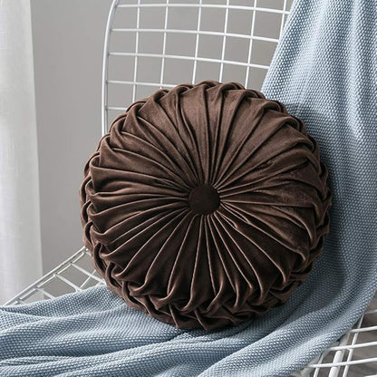 MOCOFO Round Velvet Throw Pillow, Pumpkin Shape Decorative Floor Cushion, Handcrafted Pleated Design, 14 and 16 Inch Diameter, Multiple Colors, Polyester Fill (Brown, 14")