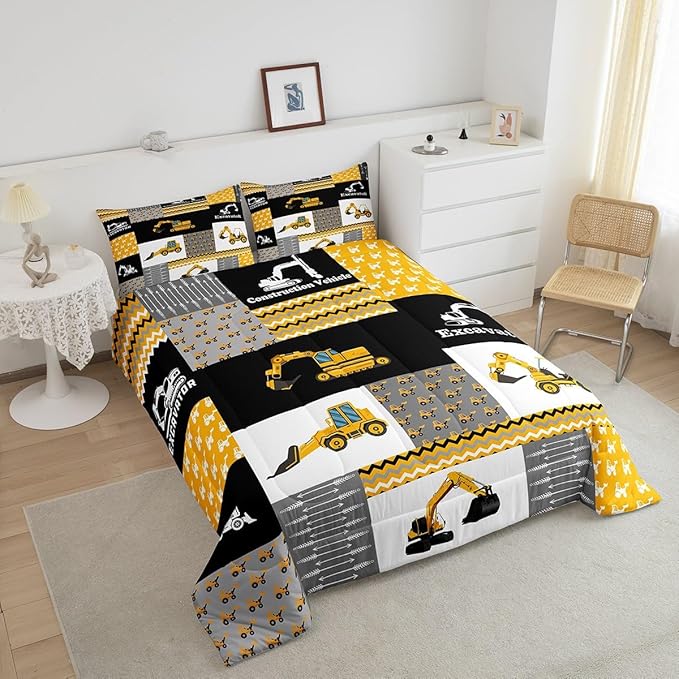 Feelyou Excavator Comforter Construction Vehicles Comforter Set Equipment Trucks Bedding Set for Children Kids Boys Girls Cartoon Car Duvet Set Geometric Lattice Room Decor Quilt Set Full Size Yellow
