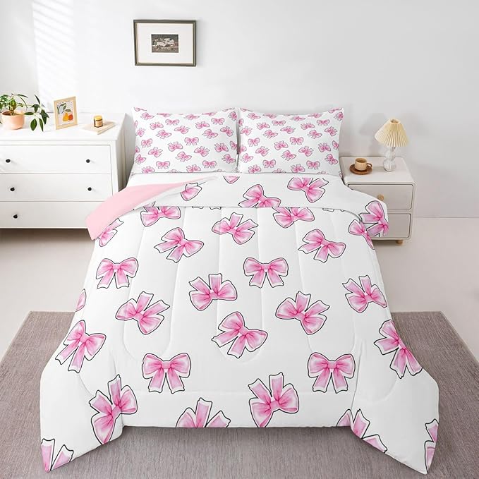 Erosebridal Princess Bow Bedding Set Queen for Girls Pink Bows Comforter Set for Kids Teen Girls Women Bedroom Preppy Bowknot Comforter Trendy Aesthetic Coquette Quilt Duvet