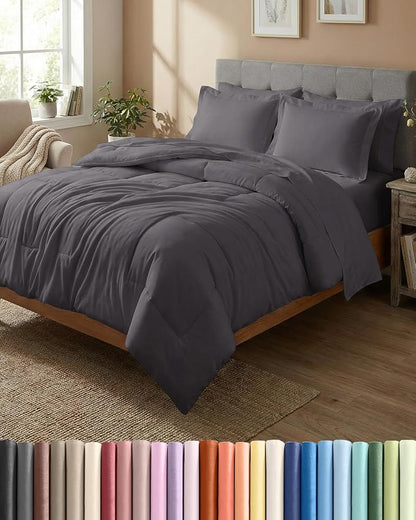 Queen Comforter Set - 7 Piece Bed in a Bag Queen Size Bed Set - Down Alternative Comforter, Flat Sheet, Fitted Sheet, Pillowcase & Shams for All Seasons - Ultra Soft, Comfy and Breathable - Dark Grey