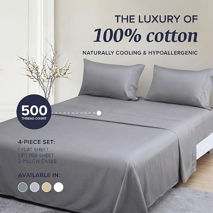 Beckham Hotel Collection Cal King Sheet Set 100% Cotton, 500TC Luxury Sateen Bedding, 16” Deep Pocket, Moisture-Wicking, 4-Piece, Dark Gray