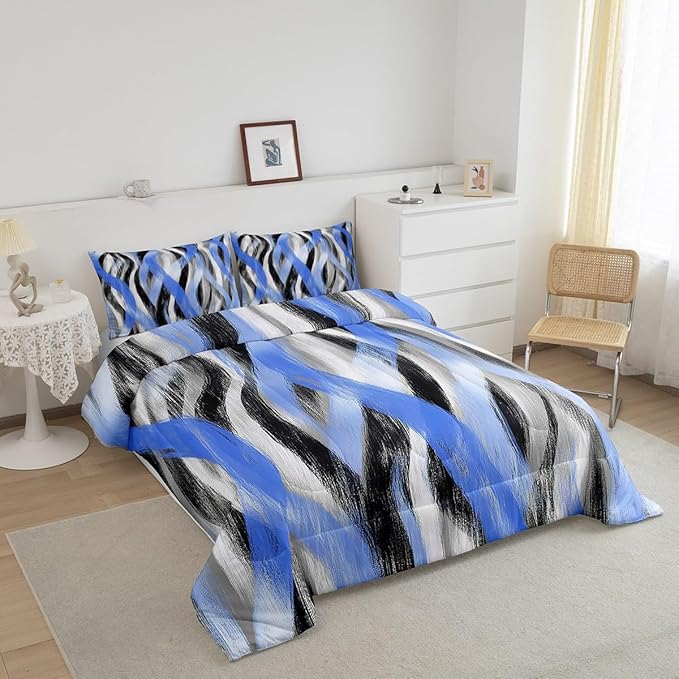 Erosebridal Geometric Stripes Comforter Queen Modern Abstract Comforter Set Grey Black Blue Bedding Set for Kids Boys Girls Teen Swirl Lines Quilt Duvet Room Decor 3 Pcs
