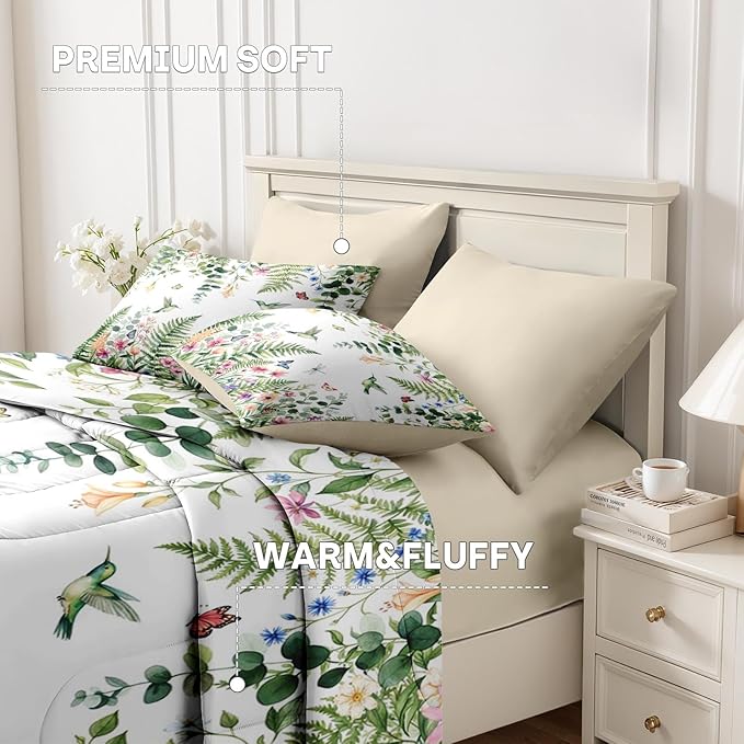 Nesker 7 Pcs Spring Comforter Set Full Size, Floral Hummingbird Butterfly Bedding Set for Kids and Adults, Fern Botanical Nature Bed Sheet Sets with Fitted Sheet 2 Pillowcases & 2 Shams