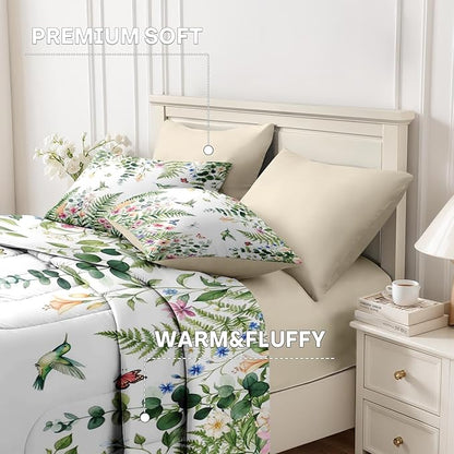 Nesker 7 Pcs Spring Comforter Set Full Size, Floral Hummingbird Butterfly Bedding Set for Kids and Adults, Fern Botanical Nature Bed Sheet Sets with Fitted Sheet 2 Pillowcases & 2 Shams