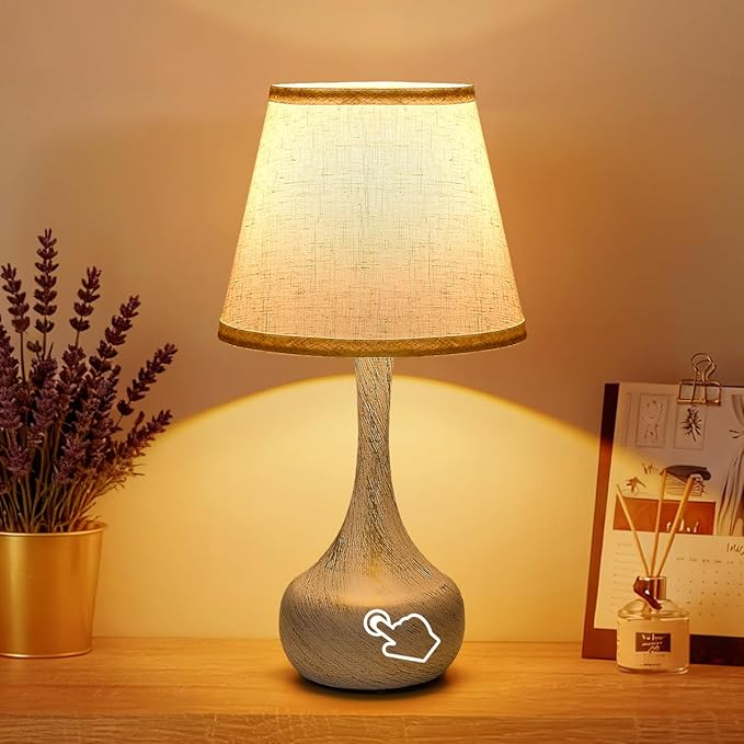 3-Way Dimmable Touch Table Lamps for Nightstand - Small Bedside Lamps with Fabric Shade in Black, Farmhouse Style Desk Lamp for Bedroom, Kids Room, Living Room, Home Office & Reading (White)