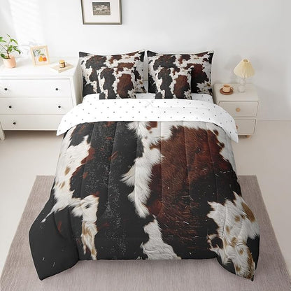 Highland Cow Print Bedding Comforter Sets 7-Piece Cow Fur Printed Bed in a Bag, Brown and White Queen Bedding Sets Milk Cow Comforter Set Queen, Farm Animal Faux Skin Bedding Sets & Collections