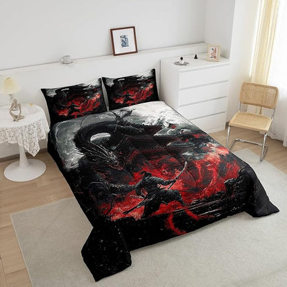 Feelyou Dragon Comforter Set Twin Size Japanese Style Comforter for Boys Girls Teens Samurai Bedding Set Dragon Decor Duvet Set Room Decor Black Red Quilt Set