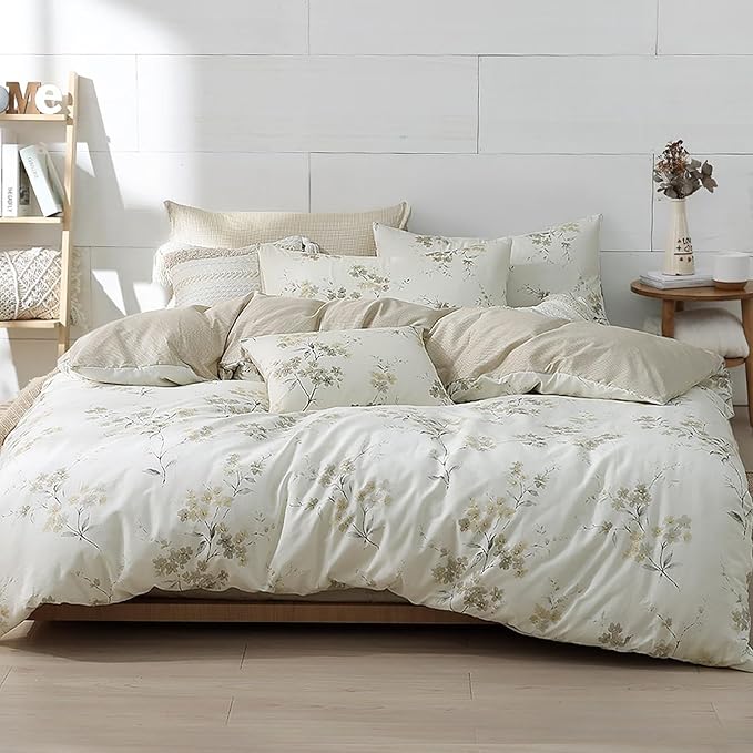 Floral Cotton Comforter Queen Size - Cream Comforter with Luxrious Grey Branches & Subtle Beige Blossoms,Reversible Lightweight Bedding Sets 3Pcs(90"×90")