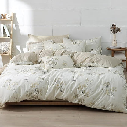 Floral Cotton Comforter Queen Size - Cream Comforter with Luxrious Grey Branches & Subtle Beige Blossoms,Reversible Lightweight Bedding Sets 3Pcs(90"×90")