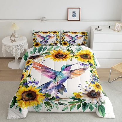 Erosebridal Girls Hummingbird Queen Bedding Set Rustic Sunflower Comforter Set for Kids Women Garden Watercolor Bird Flowers Quilt Comforter Farmhouse Botanical Leaves Floral Bed Set 2 Pillow Cases
