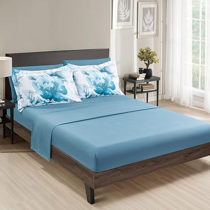 Sunshine Nicole Soft Brushed Microfiber Comforter Set, 7 Pieces King, with Light Weight Soft Poly Fill, Printed Teal Grey Big Florals Face with Print Reverse