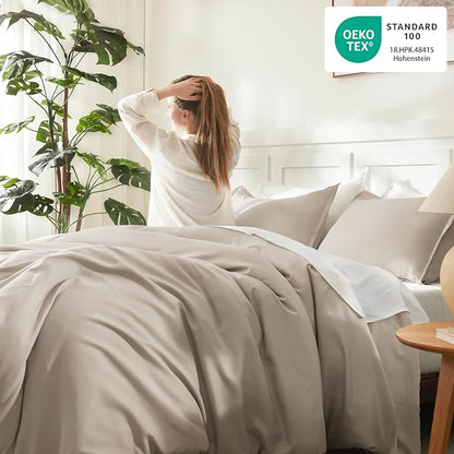 Litanika Comforters Oatmeal Oversized Queen Size, 3 Pieces Lightweight Solid Bedding Comforter Set, All Season Fluffy Bed Set (98x98In Comforter & 2 Pillowcases)