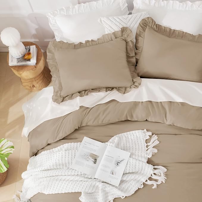 Andency Taupe Ruffle Comforter Twin XL(68x92Inch), 2 Pieces(1 Ruffled Comforter and 1 Pillowcase) Solid Farmhouse Shabby Chic Bed, Vintage Rustic Soft Microfiber Bedding Set