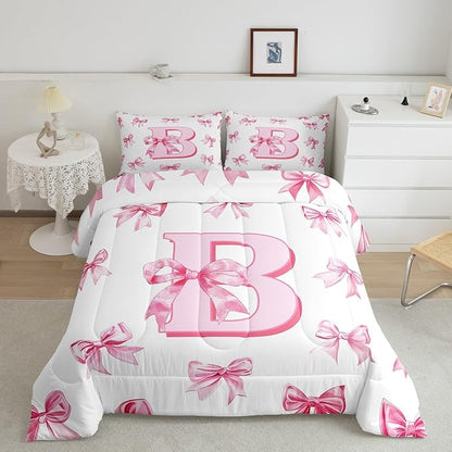 Erosebridal Pink Bowknot Twin Bedding Set for Girls,Initial Letter B Comforter Set for Kids Teen Women Room Decor,Pink Monogrammed Bedding Comforter Sets Dreamy Princess Bow Quilt Duvet