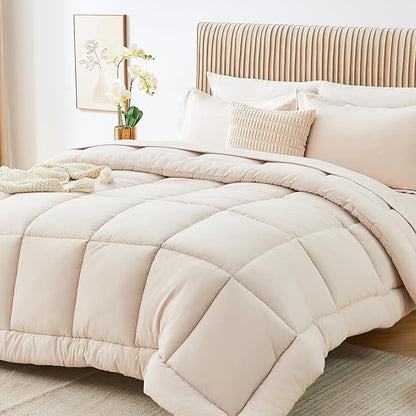 Sasttie Oversized King Comforter Set, 7 Pieces Extra Large Bed in a Bag, Complete Bedding Set Includes 120''x98'' Comforter, Flat Sheet, Fitted Sheet, Pillowcases and Pillow Shams, Beige