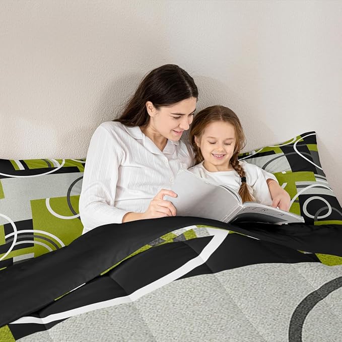 Circles Swirls Comforter Set Full For Bedroom Decor Green Yellow Beddings Geometric Square Gromment Quilt Black Gray Patchwork Duvet Insert Modern Graphic Texture Down Comforter With 2 Pillowcases