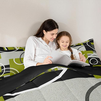 Circles Swirls Comforter Set Full For Bedroom Decor Green Yellow Beddings Geometric Square Gromment Quilt Black Gray Patchwork Duvet Insert Modern Graphic Texture Down Comforter With 2 Pillowcases