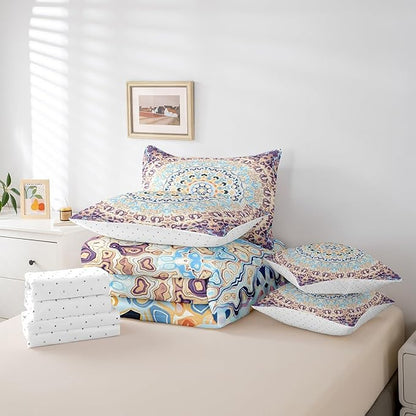 Bohemian Mandala Bedding Comforter Sets Vintage Art Deco Bed in a Bag, Oriental Flower Bedding Queen Size 7pcs Abstract Artwork Comforter Set, Retro Medallion Bedding Accessories Navy Blue Beige Puple
