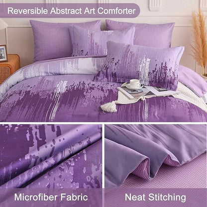 WONGS BEDDING Comforter Set Queen, Ombre Purple 7 Pieces Bed in a Bag Colorful Abstract Art Gradient Comforter Soft Microfiber Bedding Set with Flat Sheet, Fitted Sheet, Pillow Shams, Pillowcases