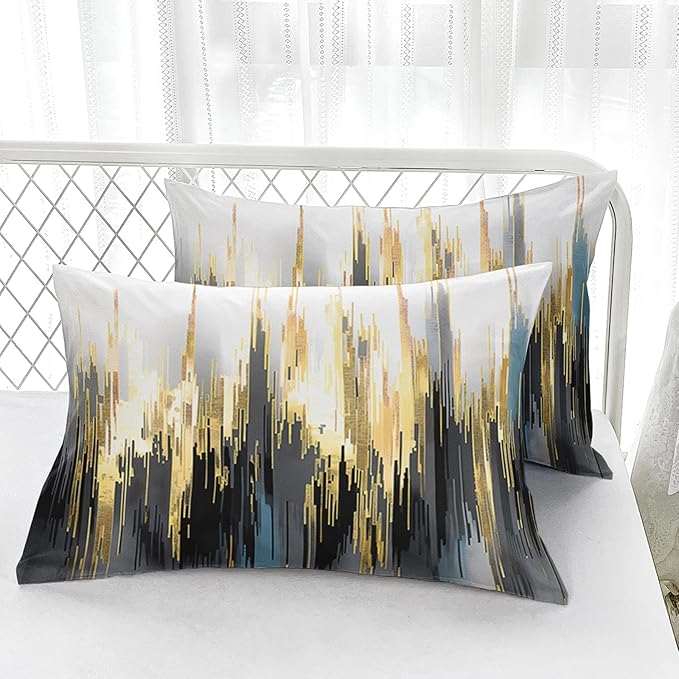 Black White Gold Gradient Color Print Comforter Set Full Size,Abstract Art Bedding Set,Patchwork Printed Quilted Set for Teens Adult,with 1 Comforter and 2 Pillow Case