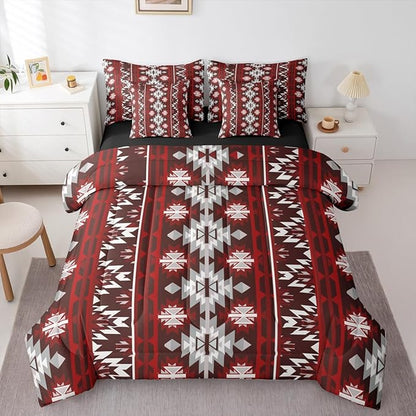 Erosebridal Western Aztec Bedding Set Twin 7 Piece Rustic Southwestern Tribal Comforter Set Bohemian Geometric Vintage Bed in A Bag Boho Tribal Farmhouse Style Quilt with Flat Fitted Sheet