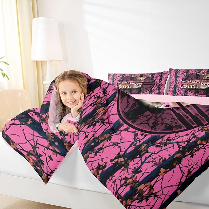 Erosebridal Deer Hunting Camo Queen Bedding Set,Pink Camouflage Comforter Set for Girls Boys Kids,Rustic Lodge Cabin Comforter,Country Hunter Bedroom Decor with 2 Pillowcases,Breathable