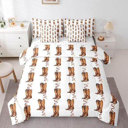 Erosebridal Western Cowboy Bed in A Bag King | Retro Cowboy Boots Bohe 7 Piece Comforter Set Hippie Pastoral Sheet Set Reversible Vintage Abstract Hippy Fitted Sheet Breathable Lightweight