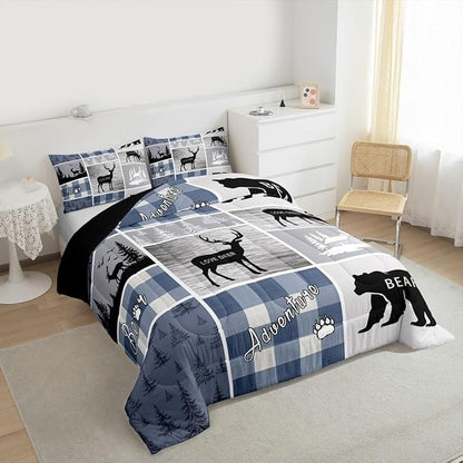 Erosebridal Kids Deer Bear Comforter Set, Rustic Farmhouse Quilt Vintage Adventure Camping Bedding Twin Size for Boys Teens Adult,Retro Cabin Lodge Plaid Duvet Insert Deer Gifts for Girls,Blue Grey