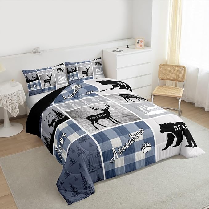 Erosebridal Kids Deer Bear Comforter Set, Rustic Farmhouse Quilt Vintage Adventure Camping Bedding Full Size for Boys Teens Adult,Retro Cabin Lodge Plaid Duvet Insert Deer Gifts for Girls,Blue Grey