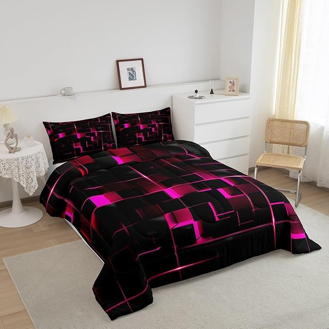 Erosebridal Stereoscopic Neon Bedding Set, Pink Black Neon Lights Glowing Kids Comforter Set Square Quilt Modern Abstract Geometric Down Comforter with 2 Pillow Cases, Queen Size