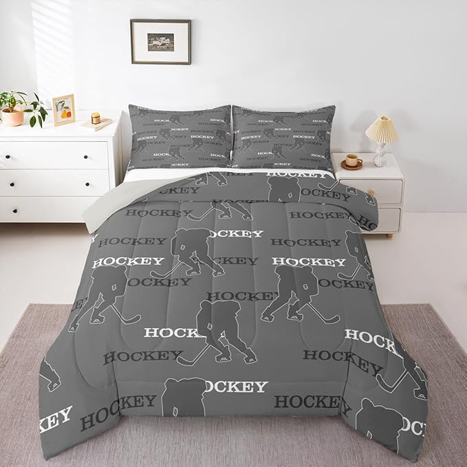Manfei Hockey Players Girls Bedding Set Twin Size, Comforter Set,Ball Activity Game Quilt Comforter Girls Boys Teens,Gray Room Decor All Season,1 Pillowcase