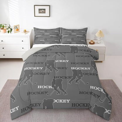 Hockey Players Comforter Set Full Size, Kids Bedding Set,Ball Activity Game Quilt Comforter,Gray Duvet Insert,2 Pillowcases