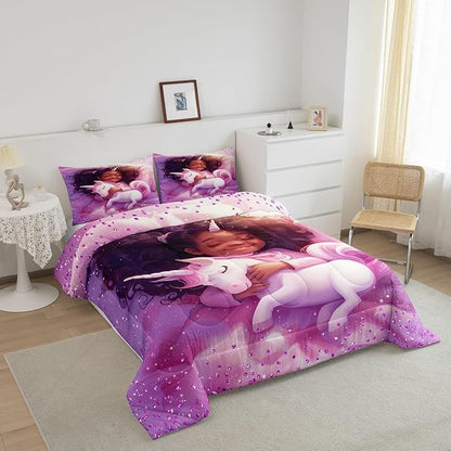 Black Cartoon Girl Comforter Set King Size,Cute Unicorn Castle Princess Bedding Set,Girls Women Room Decor,Girls African Glitter Sequins Down Comforter,Purple Romantic Duvet Insert,2 Pillowcases