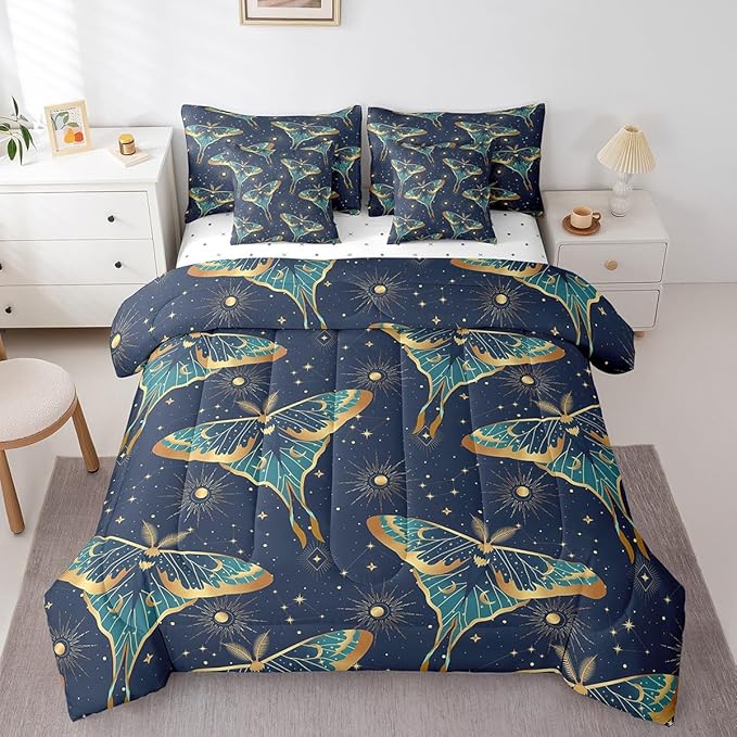 Erosebridal Bohemian Moth Bed in a Bag King Size Comforter Set 7 Pieces,Sun and Moon Bedding Sets Stars Galaxy Sheet Set with Comforter