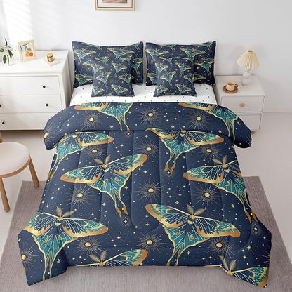 Erosebridal Bohemian Moth Bed in a Bag King Size Comforter Set 7 Pieces,Sun and Moon Bedding Sets Stars Galaxy Sheet Set with Comforter