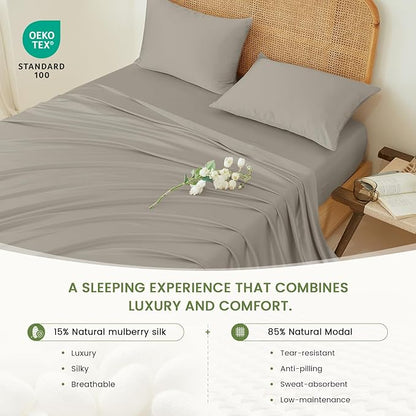THXSILK Luxury Mulberry Silk Bed Sheets Set - 4pcs Silk Sheets Set 16" Deep Pocket - 1 Fitted Sheet, 1 Flat Sheet, 2 Pillowcases with Zipper Closure - Queen, Grey