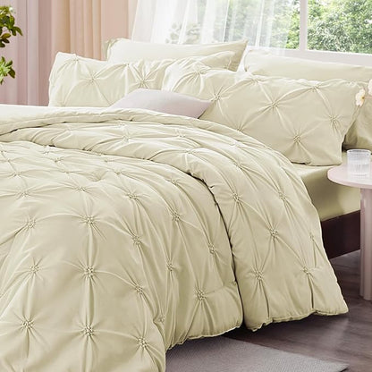 BEDELITE Beige Queen Comforter Set - 3 Pieces Boho Pintuck Bedding Comforter Sets, Lightweight Soft & Warm Bed Comforter Queen with 2 Pillowcases for All Season