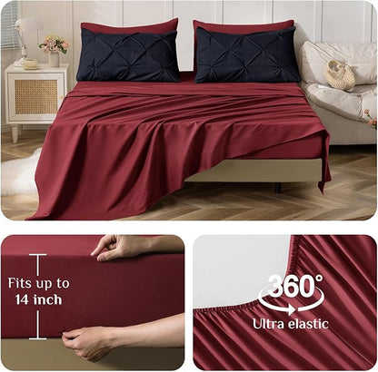 JOLLYVOGUE Twin Comforter Set 7 Pieces - Bed in a Bag Twin for All Season, Pintuck Bedding Comforter Sets with Comforter, Flat Sheet, Fitted Sheet and Pillowcases & Shams, Black & Burgundy