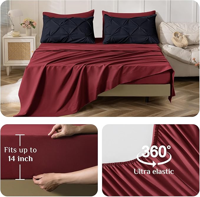 JOLLYVOGUE King Size Comforter Set 7 Pieces - Bed in a Bag King for All Season, Pintuck Bedding Comforter Sets with Comforter, Flat Sheet, Fitted Sheet and Pillowcases & Shams, Black & Burgundy
